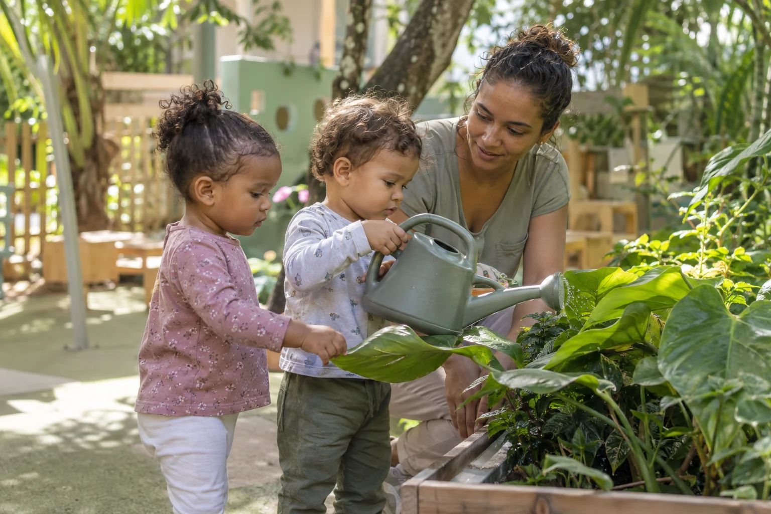 Des enfants explorent des plantes avec une professionnelle, scène générée