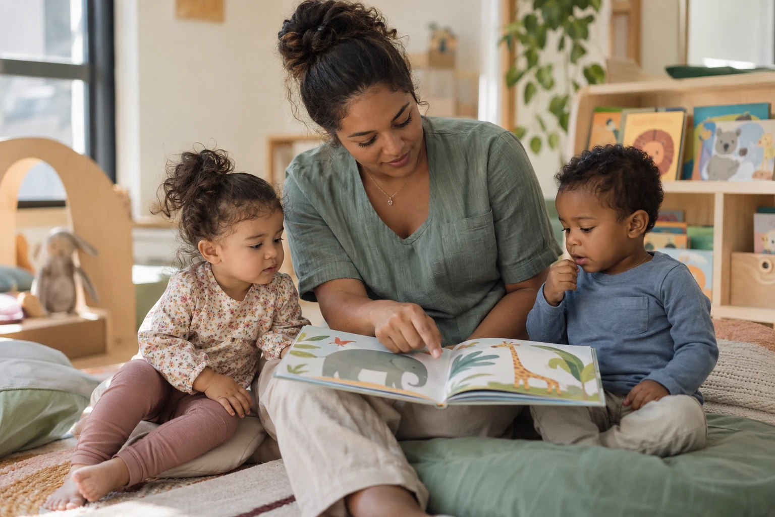 Une professionnelle partage un livre avec deux jeunes enfants, scène générée